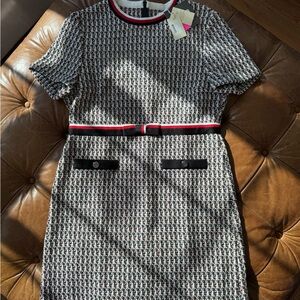 Maje Black and White Tweed Mini Dress with Red Accent